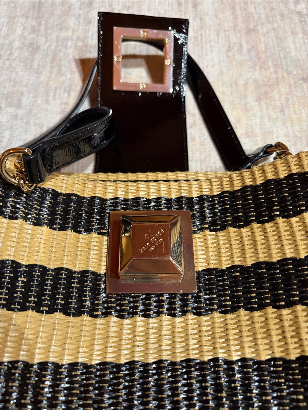 Coach Woven Stripe Tote – Black & Natural Leather Trim - Picture 3 of 8